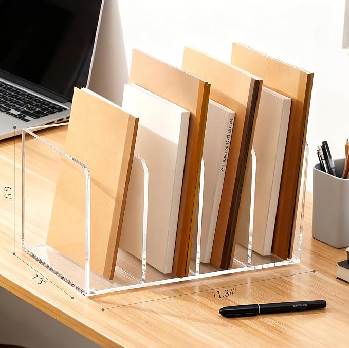 YUXUN Clear Acrylic Magazine File Holder, 4 Compartment Vertical Desk Organizer, 5mm Thick Document Sorter with Non-Slip Base, No Assembly for Office Home Classroom, Holds Binders, Books, Tablets