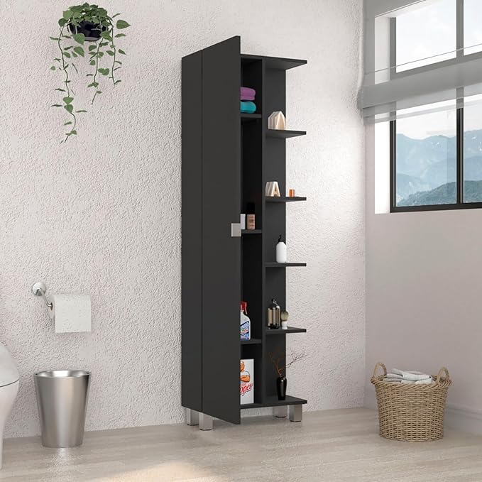 Hassyee Modern Design Linen Cabinet with Four Exterior Open Shelves for Generous Storage, Floor Display Cabinet with Three Interior Adjustable Shelves
