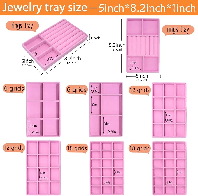 8 Pack Jewelry Organizer Tray Stackable Velvet Jewellry Drawer Inserts Earring Organizer Necklace Rings Bracelet Watch Jewelryy Display Case