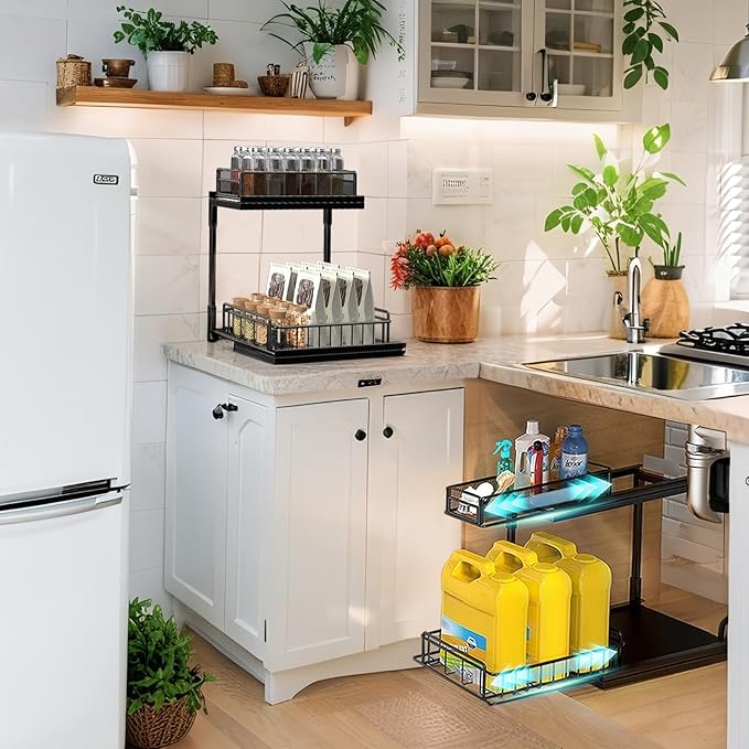 Under Kitchen Sink Pull Out Organizer, Pull Out Under Cabinet Organizer with 2 Tier for Kitchen Bathroom, Home Kitchen Storage Organization, Black, 2 Pack