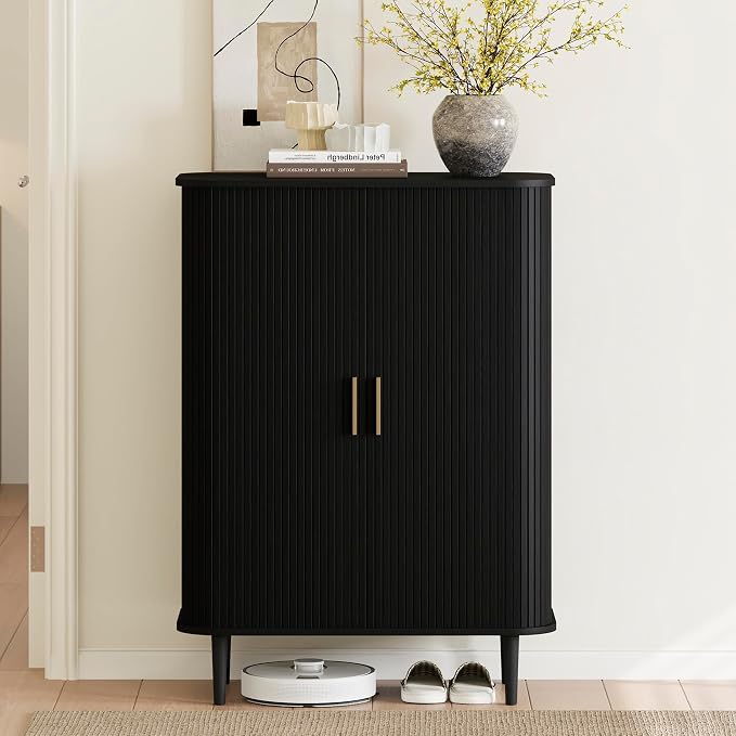 DHH Shoe Storage Cabinet with Sliding Door, 6-Tier Shoe Cabinet with Adjustable Shelves, Mid-Century Modern Freestanding Shoe Storage Organizer for Entryway, Hallway, Living Room (Black, 31.5 ")