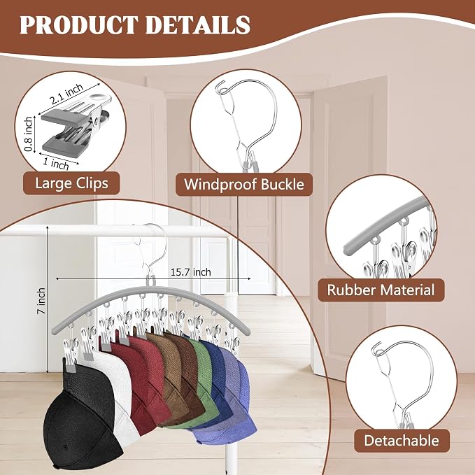 3 Pack Hat Hangers for Closet, Metal Hat Organizer for Baseball Caps | Hats Rack Holder for Closet with 30 Clips, Hats Storage for Baseball Caps Beanie Accessories Men Women, Grey