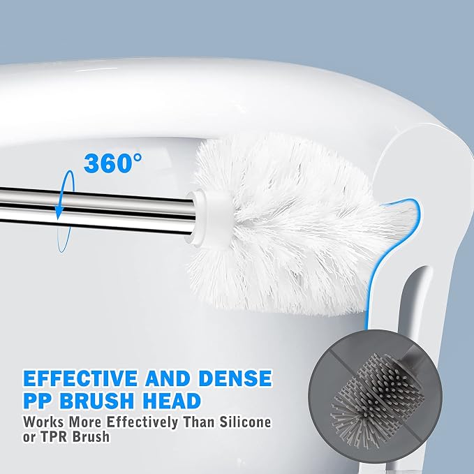 Toilet Brush and Holder, 2 Pack Toilet Brush with 304 Stainless Steel Long Handle, Toilet Bowl Brush for Bathroom Toilet-Ergonomic, Elegant,Durable (White)