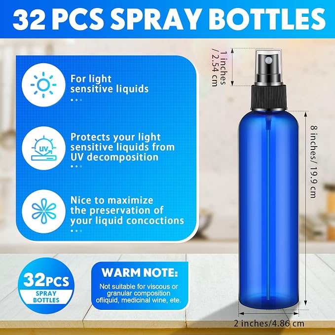 Eccliy 32 Pcs 8 oz Spray Bottles Fine Mist Plastic Spray Bottles Clear Empty Sprayer Hairs Refillable Travel Sprayer with Pump Cap for Cleaning Oils Travel Perfumes(Blue,Clear)