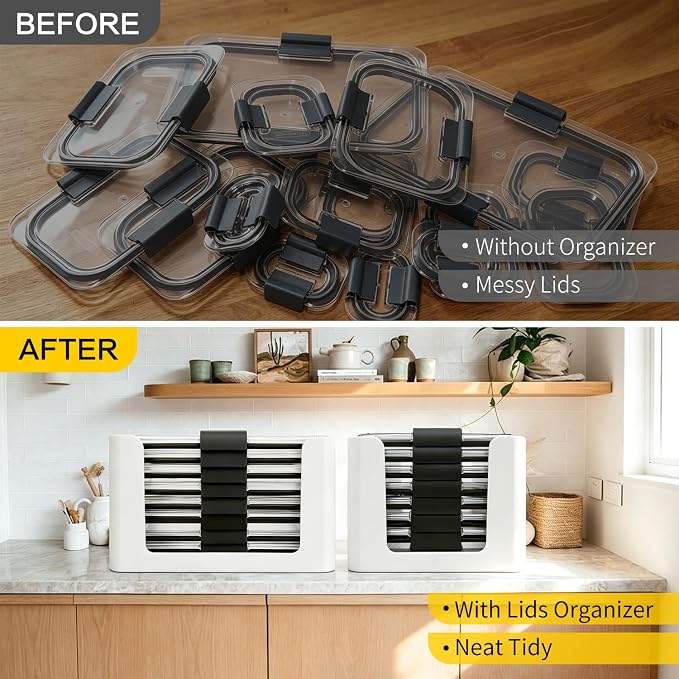Food Storage Container Lids Organizer for Rubbermaid Brilliance Nap-On Lids,Lid Organizer for Kitchen Cabinet Storage - Fits 3.2, 4.7 & 9.6 Cups - Holds 16 Lids (White,2-Piece Bundle)