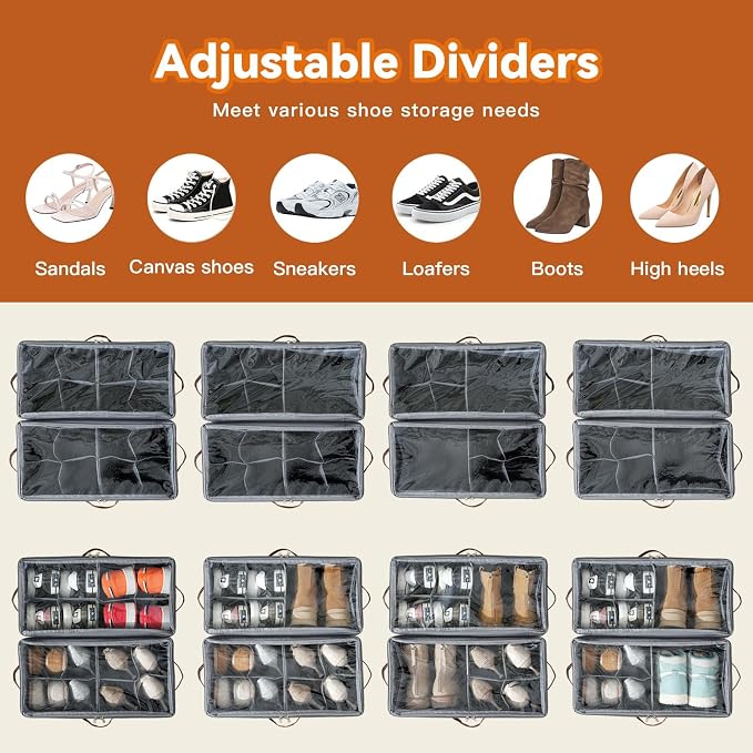 Shoe Organizer for Closet, Fits 16 Pairs, Beige, 2 Pack | Space Saving, Adjustable Dividers, Clear Cover, Reinforced Handles, Stackable & Foldable Farbic Shoe Storage Organizer Box