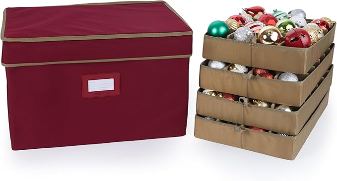 Covermates Keepsakes Adjustable Ornament Storage Box – Heavy-Duty Polyester, Padded Dividers & FlexGrid Trays – Protective Holiday Organizer with Stackable Walls & Label Window, Red