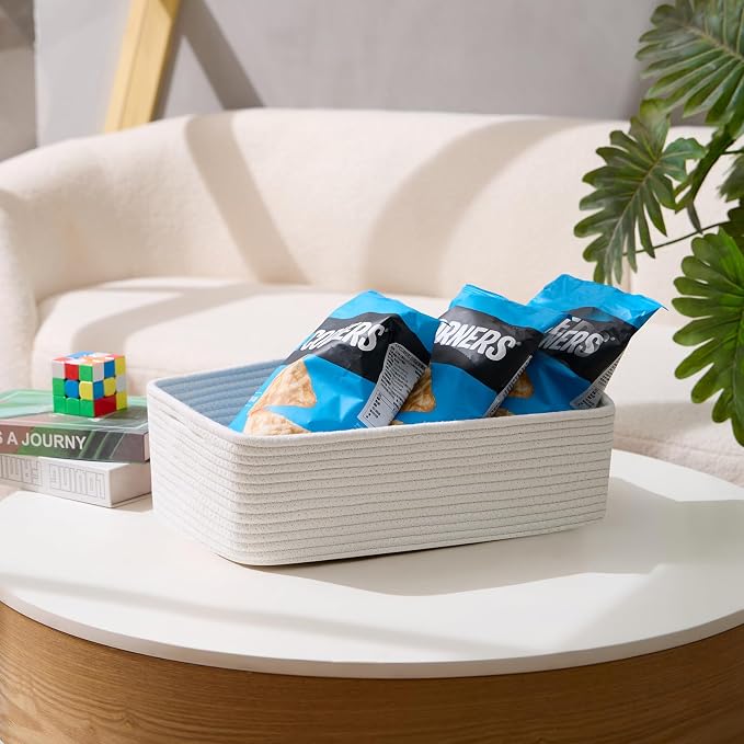 MiniArk Large Shallow Organizing Baskets 15x11x5.1 Inches - Rope Woven Storage Bins for Bathroom, Shelves, Cube Closet, Off White 3 Packs