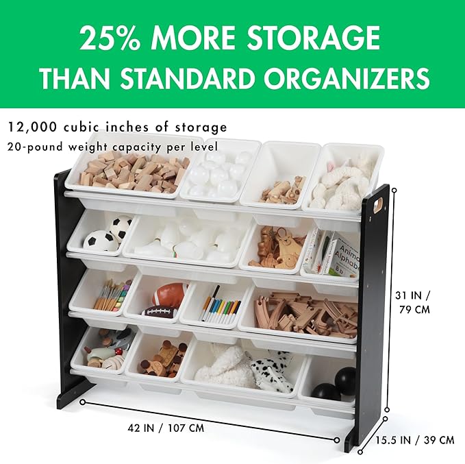 Humble Crew Toy Storage Organizer with 16 Removable Storage Bins for Kids Playroom, 4-Tier Toddler Toy Organization and Storage, Espresso/White