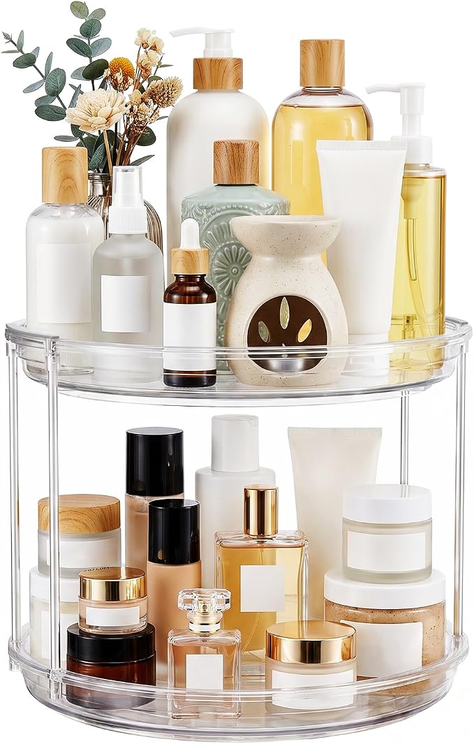 360° Rotating Makeup Organizer 2 Tier 10.6" Clear Lazy Susan Turntable Skincare Perfume Organizer Bathroom Countertop Vanity Tray Space-Saving Cosmetic Storage for Dresser