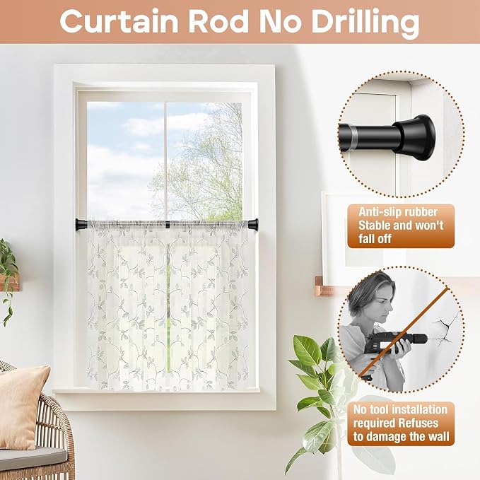 4 Pack Spring Tension Curtain Rods 16-36 Inches, Spring Loaded Curtain Rods No Drilling, Adjustable Expandable Tension Rod for Window Doorway Doorway Kitchen Curtain Bedroom Closet, Black