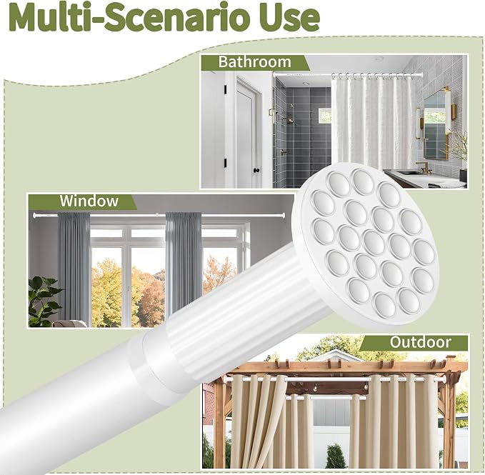 White Tension Curtain Rod 51-145In, Extra Long Adjustable Tension Rod No Drilling for Window or Bathroom,Outdoor Curtain Rod for Patio, Easy to Install, Never Rust, Rod Diameter 1.26 Inches-White