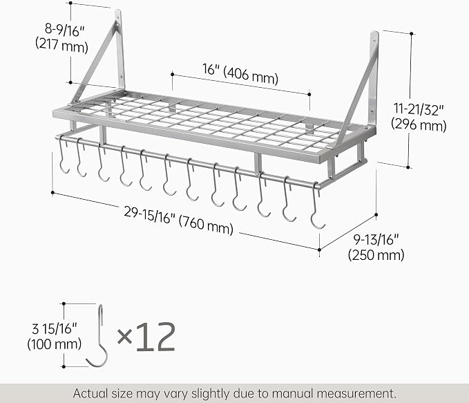 KES 30-Inch Silver Gray Pot Rack with 12 Sturdy Hooks, Wall Mounted | Holds 88 lbs, Cast Iron Pots and Pans Organizer, Kitchen Wall Hanging Hanger Shelves, Modern, KUR215S75A-SG