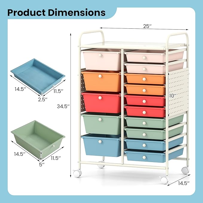 DREAMADE 15-Drawer Rolling Storage Cart, Craft Organizer Cart, Macaron | Mobile Utility Cart with Metal Pegboard Panels, Tabletop and Lockable Wheels for Classroom, Office, Studio and Playroom