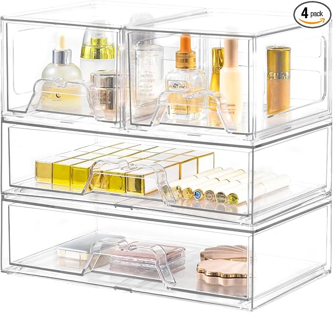Stebopum 4 Pack Stackable Storage Drawers Clear Acrylic Organizer Bathroom Makeup Organizer and Storage for Beauty Supplies,Ideal for Vanity, Bathroom,Cabinet,Pantry Organization
