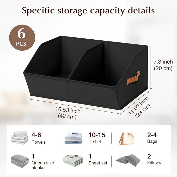 Homsorout Closet Organizers and Storage Bins - 6 Pack Collapsible Divided Trapezoidal Cube Storage Bins Baskets with Orange Handle for Organizing Clothes Blankets, Toys, Books, Towels(Black)