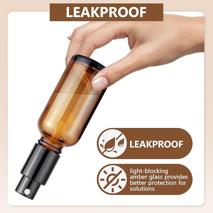 Showvigor 6-Pack 1oz/30ml Amber Glass Spray Bottles for Fine Mist | with 2 Extra Nozzles, Refillable Essential Oil, Toner, Hair Care & Cleaning Solutions Bottles Set | Leak-Proof, UV Protection