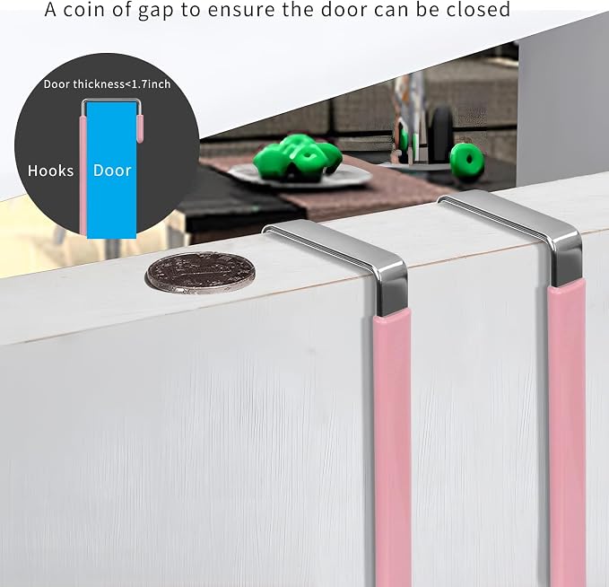 FYY Over the Door Hooks, Single-Hanger 4 Pack, Fits Doors 1.6" Pink | Heavy Duty Metal, Hold 20lbs, Rubber-Coated, No-Drilling, for Bathroom Dorm, Hanging Towels Clothes Hats Bags Coats Wreaths