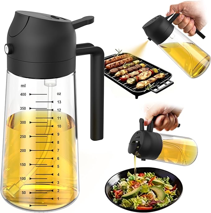 TrendPlain 16oz/470ml Glass Olive Oil Sprayer for Cooking – 2 in 1 Olive Oil Dispenser Bottle for Kitchen Gadgets and Air Fryer Accessories, Salad, BBQ - Black