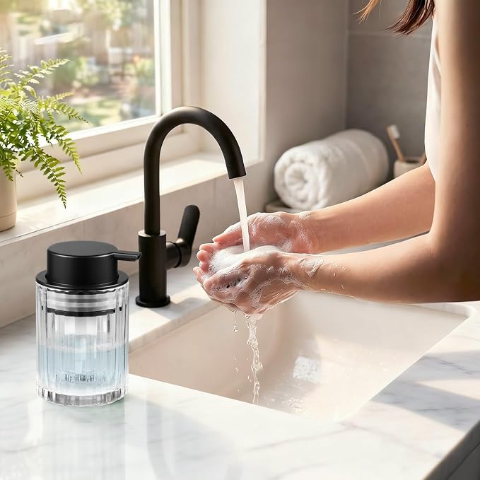 Foaming Hand Soap Dispenser, 8oz Refillable Clear Glass with Black Pump, for Liquid Soap or Lotion, Vertical Ribbed Decor for Bathroom Vanity, Kitchen, Commercial Use - 2 Pack