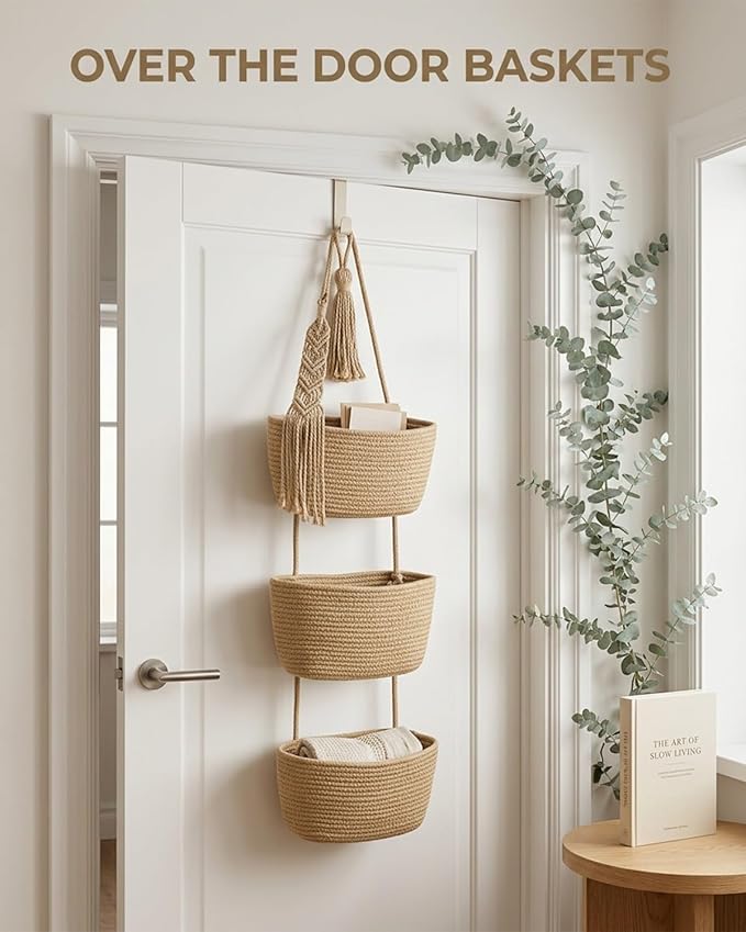 Over the Door Hanging Basket 3 Tier Woven Cotton Wall Mounted Storage Bag Boho Cottage Jute Baskets Kitchen Produce Organizer Vegetable Hang Wicker Closet Bathroom Decor Organizing Shelf(Brown)