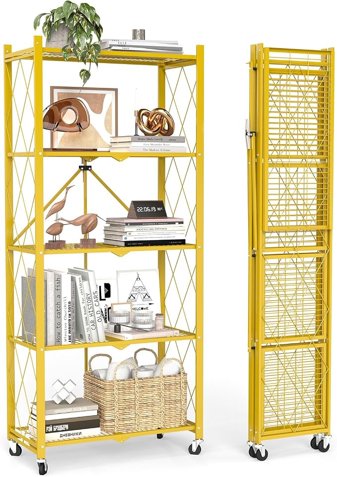 5 Tier Foldable Storage Shelves with Wheels -No Assembly Metal Folding Shelves Collapsible Shelving Unit Display Heavy Duty Rolling Shelf for Home Kitchen Office Room (Gold, 64" x 13" x 27")