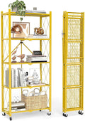 5 Tier Foldable Storage Shelves with Wheels -No Assembly Metal Folding Shelves Collapsible Shelving Unit Display Heavy Duty Rolling Shelf for Home Kitchen Office Room (Gold, 64" x 13" x 27")