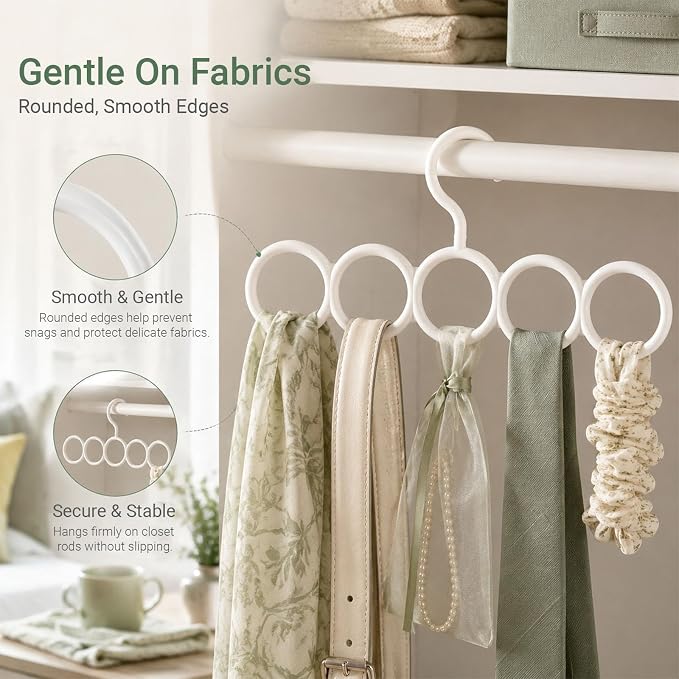 Coshar 5 Pack Scarf Hanger Holder Scarf Storage Organizer for Ties Belts Socks, Ring Hole Slots for Space Saving, Multiple Purpose Tie Belt Rack Organizer (2 White+ 3 Green)