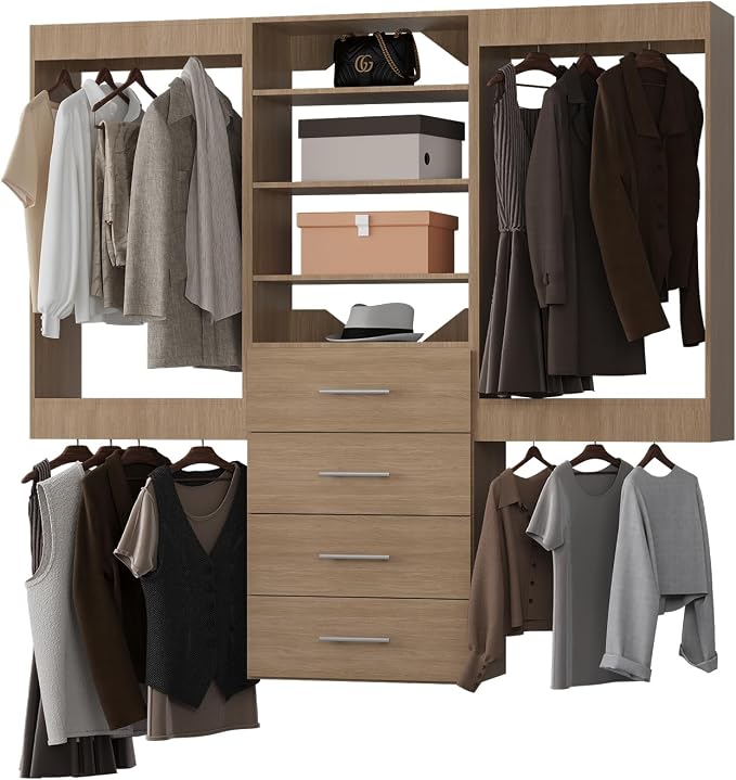 ROOMTEC Modular Closet System, 60" Wall-Mounted Closet Organizer with Drawers and Hanging Rods, Wooden Tower for Walk-In Closets, Wardrobe Storage Kit, Wood