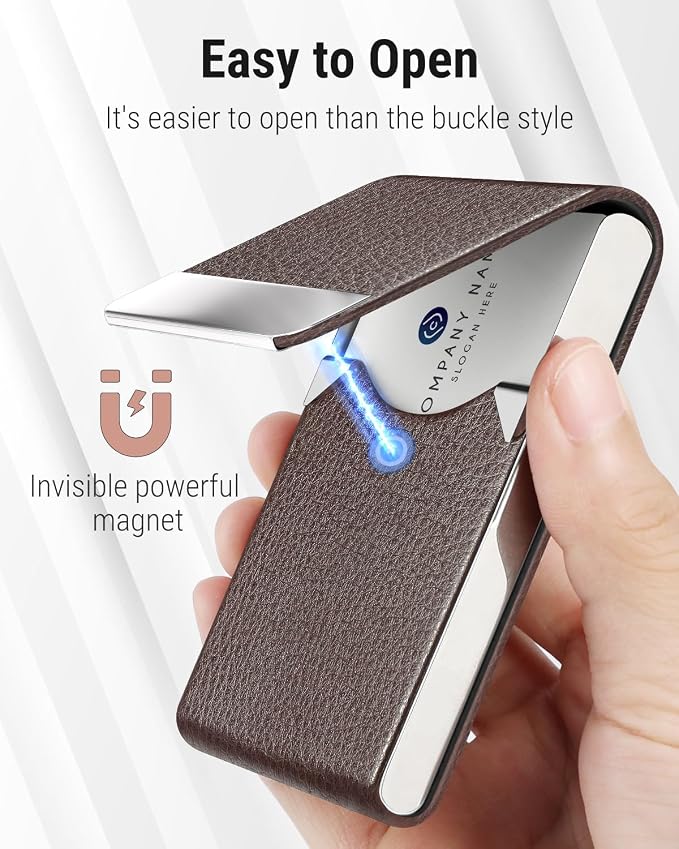 MaxGear Business Card Holder, PU Leather Business Card Case, Coffee | Stainless Steel Interior, Magnetic Closure, RFID Blocking, Holds 15–25 Standard Business Cards