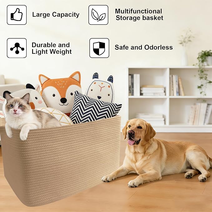 96L Extra Large Cotton Rope Laundry Basket with Sturdy Handles | 24x16x15 Foldable Rectangular Blanket Basket for Toys, Clothes & Pillows,Ideal for Nursery, Bathroom, Bedroom, Living Room