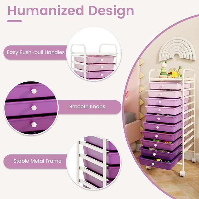 LDAILY 10 Drawer Rolling Storage Cart, Craft Organizer on Wheels, Drawer Cart with Metal Frame & Large Storage Capacity, Rolling Cart with Drawers for Living Room Classroom, Office