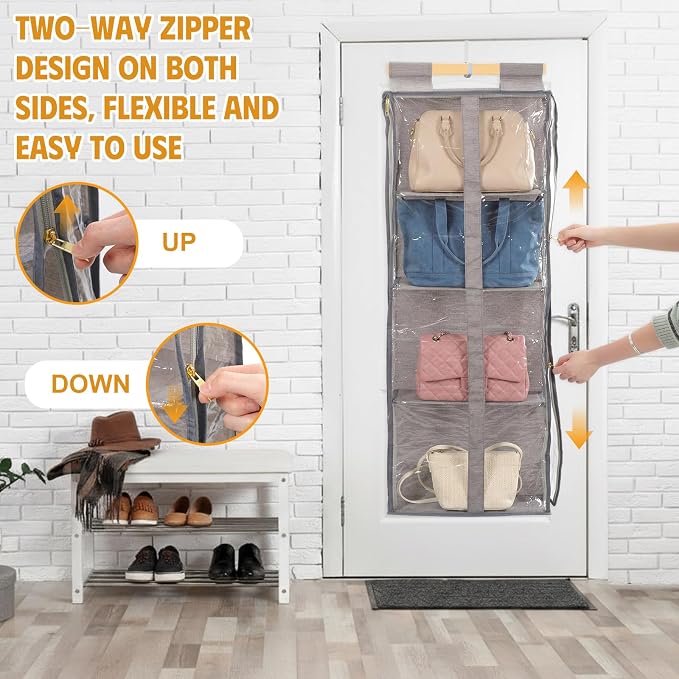 Silkfly 2 Pack Hanging Purse Organizer with Zipper for Closet Handbag Storage PVC Mesh Shelves with 4 Pockets for Bedroom Door Wardrobe Shelf Rack Space Saving(Brown)