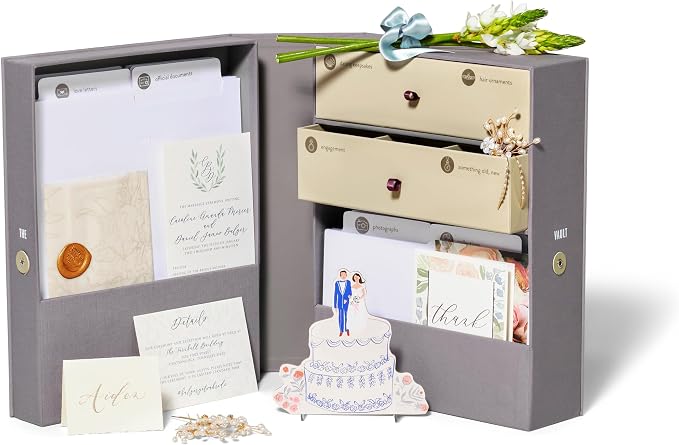 Savor Wedding Gifts Keepsake Box - Ideal Wedding Gifts for Newlyweds - Memory Storage with 52 Hand-Illustrated Labels & 10 File Folders - Elegant & Durable Design, Slate, No Customization