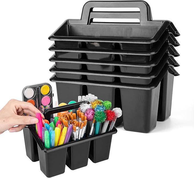 Plastic Caddy With Handle,Protable Classroom Craft Caddy, 6-pack Storage Caddy For Pencil,Pen,Craft Tools (Black)