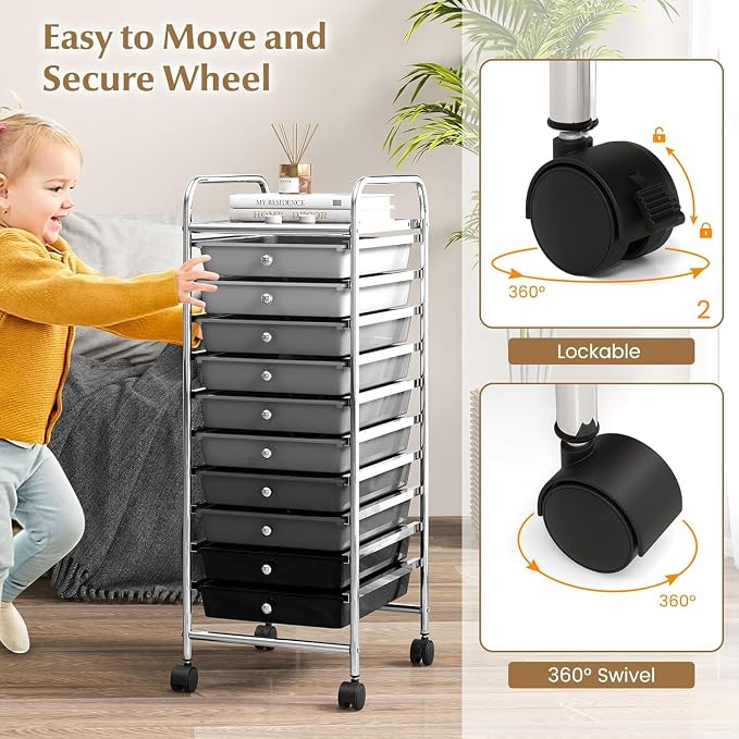Storage Cart, Rolling Utility Cart with 10 Drawers, Portable Handles & Lockable Wheels, Mobile Paper Toys Storage Organizer Large Capacity for Home Office School Teacher (Gradient Black)
