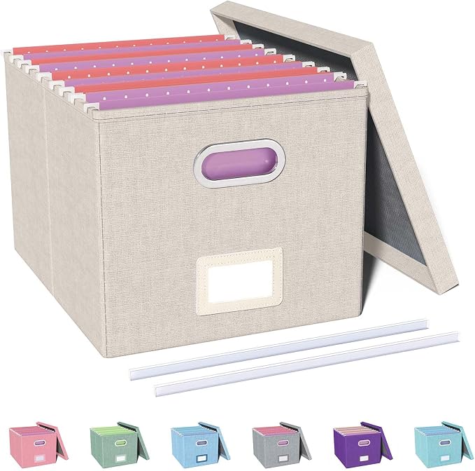 Oterri File Organizer with Lid, File Box, File Cabinet for Letter File Folder Storage, Hanging File Organizer for Office/Decor/Home,Document Organizer, 1 Pack,Beige-Box Only