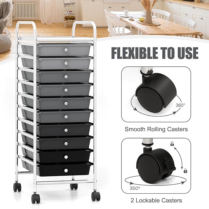 LDAILY 10-Drawer Rolling Storage Cart, Rolling Storage Cart, Storage Organizer on Wheels, Metal Frame, Scrapbook Paper Tools, Suitable for Office School, Classroom (Gradient Grey, 10 Drawer)