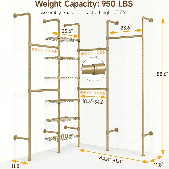 F4 Wall Mounted Closet System, Industrial Pipe Clothing Rack for Hanging Clothes, Heavy Duty Closet Organizer System, Clothes Racks with Shelves & Expandable Rod for Wardrobe, Corner, Gold