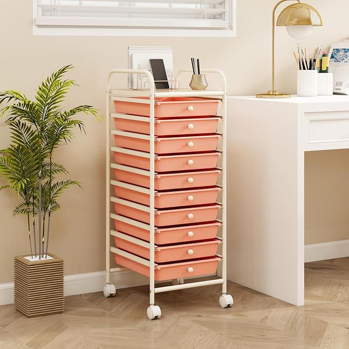 LDAILY 10 Drawer Rolling Storage Cart, Craft Organizer on Wheels, Drawer Cart with Metal Frame & Large Storage Capacity, Rolling Cart with Drawers for Living Room Classroom, Office