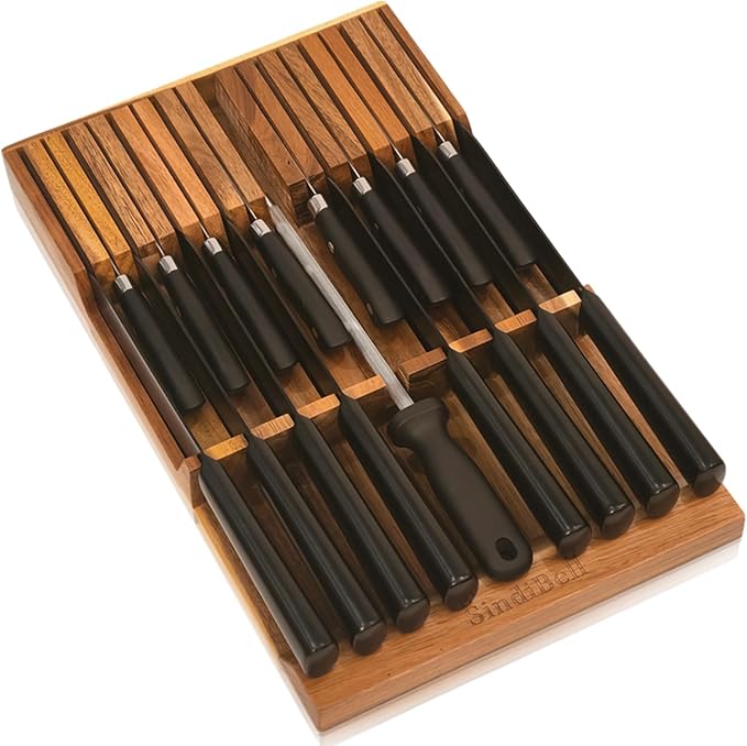 In Drawer Knife Block Acacia Wood, Knife Drawer Organizer Insert Large | 17-Slot Space Saving Drawer Knife Block, Secure Blade Tip Shield & Naturally Moisture-Free Timber (Knives Not Included)