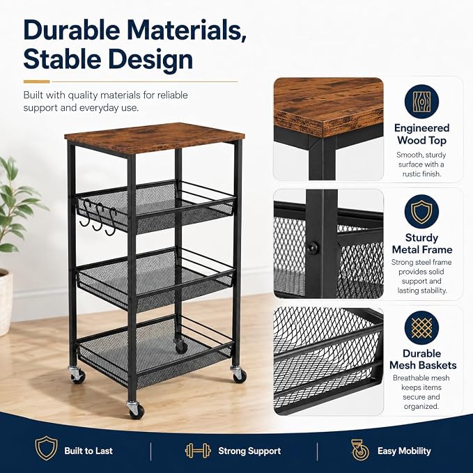 Homleke 4-Tier Rolling Kitchen Storage Cart, Utility Cart with Wooden Tabletop & Metal Baskets, Fruit Vegetable Basket for Kitchen, 3-S Hooks, Rustic Brown and Black