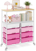 Rolling Cart with 8 Drawers,Storage Drawer Cart with Wooden Tabletop,Lockable Wheels Organizer for Homeschool, Arts & Crafts, Classroom, Office & Creative Spaces (Pink)