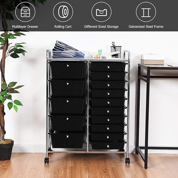 GOFLAME 15-Drawer Rolling Storage Cart, Craft Storage Cart with Removable Drawers & Lockable Wheels, Art Cart Supply Storage Organizer for Home Office Classroom, Black