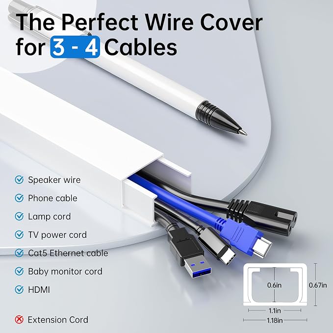 Delamu Cable Hider, 315in Cord Covers for Wires on Wall, One-Cord Cord Hider, Paintable Wire Hiders Wire Covers for Cords, Cable Management for Hiding 3-4 Wires, 20x L15.7 W1.18 H0.60in, White