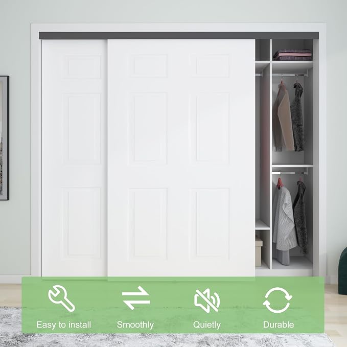 8FT/96(Double 4FT) Bypass Door Hardware, Aluminum Double-Closing Sliding Closet Door Hardware with Finger Pull Included, Smoothly and Quietly, Fit Door Thickness 1 3/8" or 1 3/4", Black