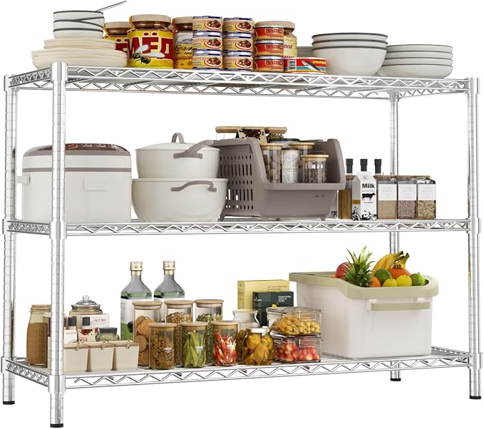 ROOMTEC 3-Tier Wire Shelving Unit,45" W*20" D*47" H,Max Load 1200 lbs | Small Garage Shelves,Adjustable Storage Rack, Metal Shelf for Kitchen, Pantry, Laundry Room, Basement
