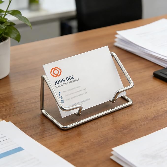 2 Pack Minimalist Metal Business Card Holder, Simple Wire Frame Desktop Organizer for Name Cards, Place Cards and QR Codes, Affordable Elegant Display for Office, Wedding and Home Decor(Silver)