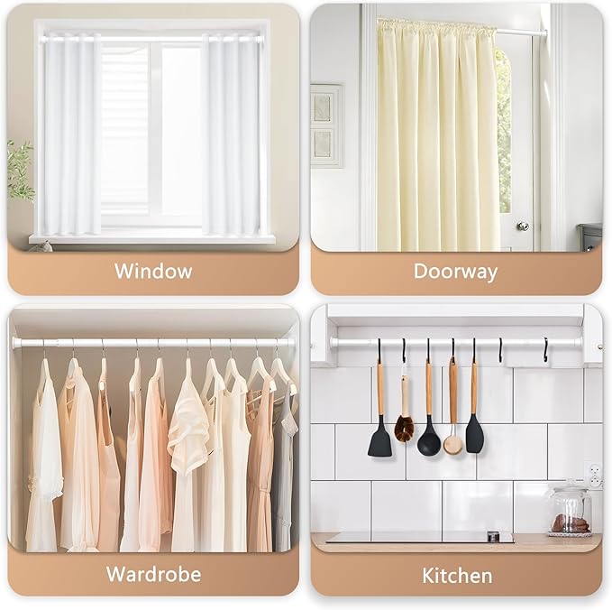4 Pack White Spring Curtain Rods for Windows 23 to 46 Inch, Adjustable Pressure Tension Curtain Rods No Drilling, Small Tension Rod for Doorway Closet Door Kitchen Curtain