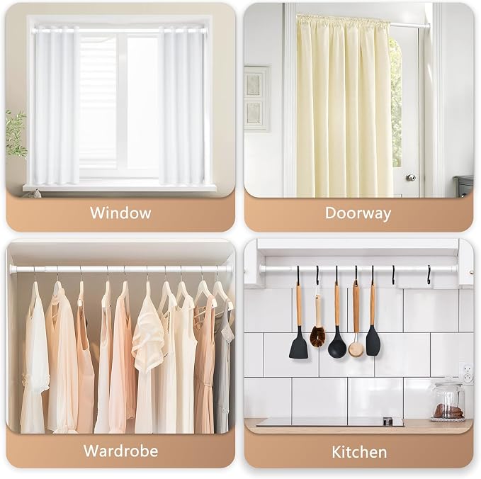 White Tension Curtain Rods for Windows 23 to 46 Inch, Expandable Adjustable Spring Curtain Rods No Drilling, Spring Loaded Curtain Rod for Doorway Kitchen Bedroom Closet